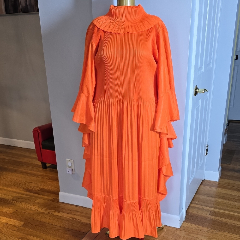 Orange Pleated Long Sleeve Maxi Dress NWOT